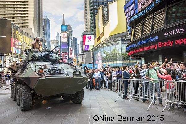 US Marines in Times Square for Fleet Week  - demonstration weapons including rifles and arriving in an armored personnel carrier